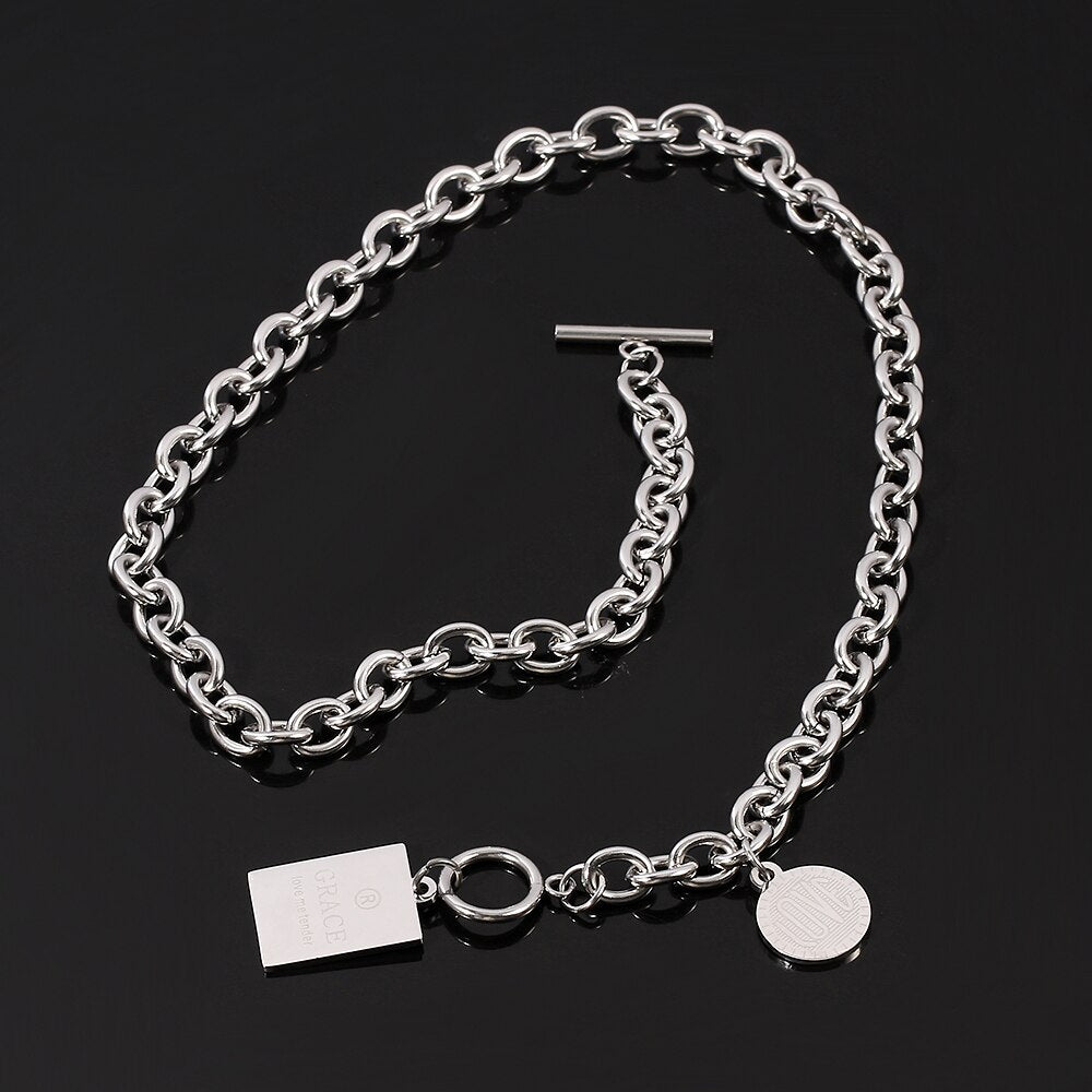 love me tender Square Round Tags Necklace Streetwear Harajuku Stainless Steel Hip-hop Choker Charm Necklaces Women Girl