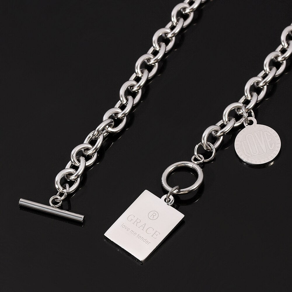 love me tender Square Round Tags Necklace Streetwear Harajuku Stainless Steel Hip-hop Choker Charm Necklaces Women Girl