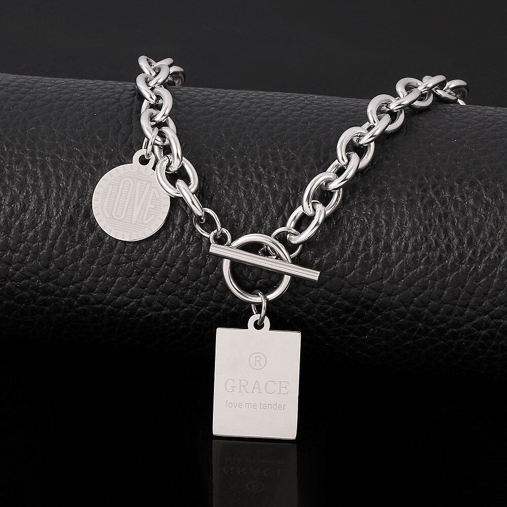 love me tender Square Round Tags Necklace Streetwear Harajuku Stainless Steel Hip-hop Choker Charm Necklaces Women Girl