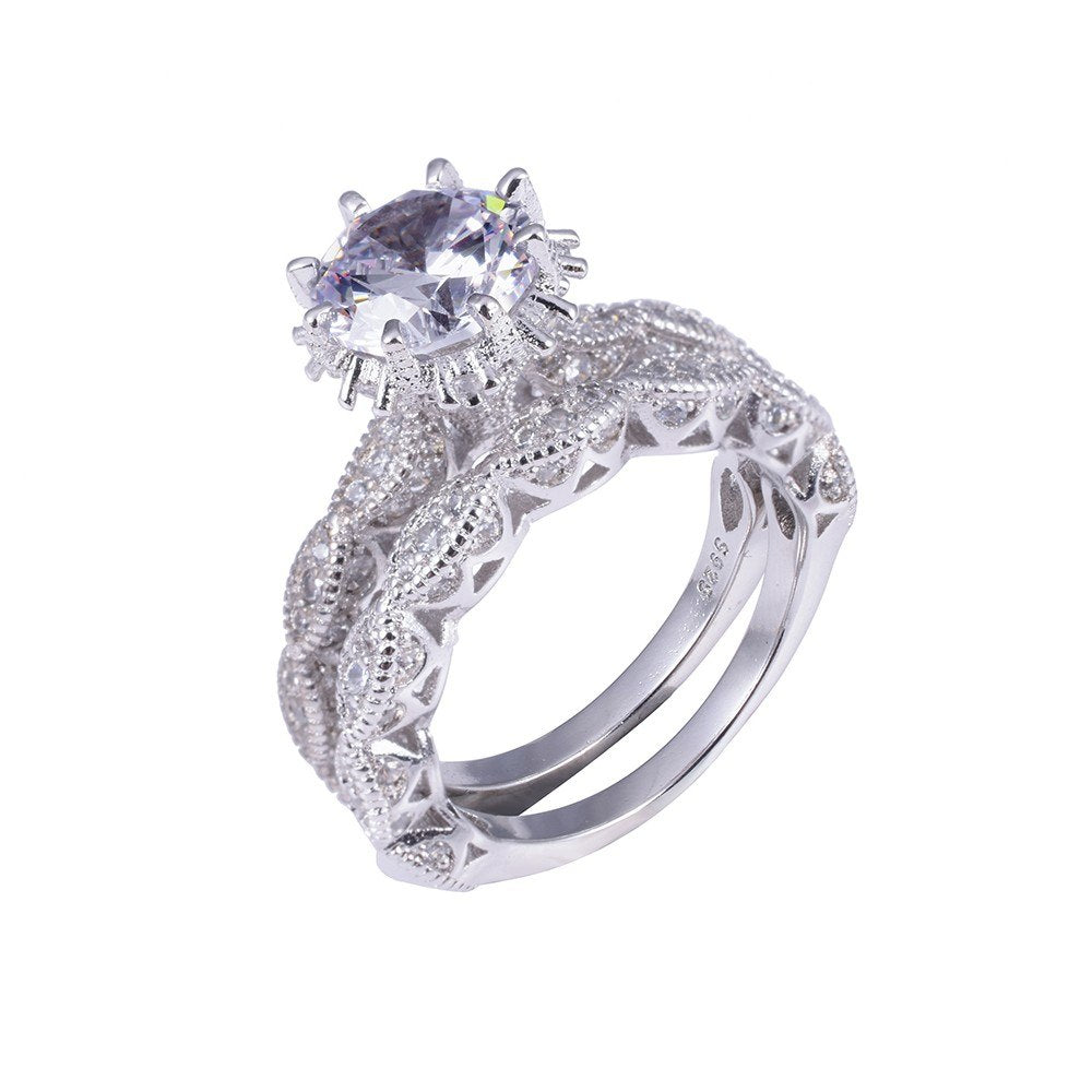 luxury Flower 3ct Simulated Diamond Ring 2-in-1 Solid 925 silver 18K Rose gold Jewelry Engagement Wedding Rings Sets for Women