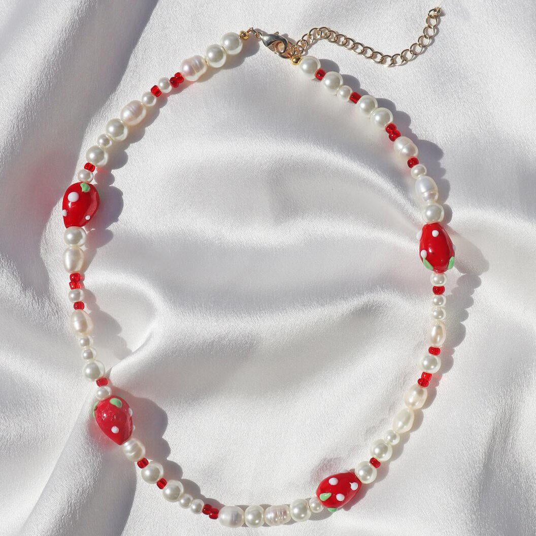 bphemian Millefiori Glass Beads Cute red strawberry beaded freshwater pearl chokers Necklace creative bijoux