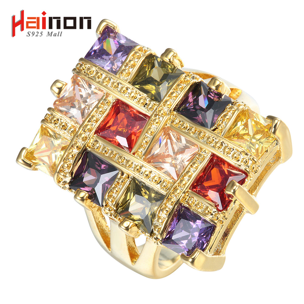 men gold-color ring with colorful CZ fashion jewelry large square luxury red purple yellow pink green wedding rings jewelry
