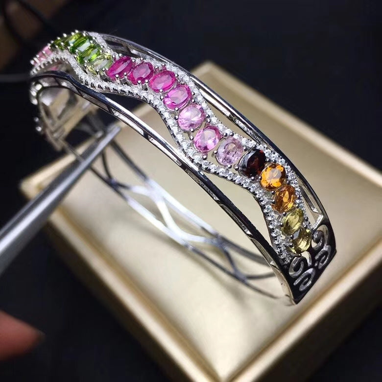 natural Multicolor tourmaline bangles natural gemstone Bracelet S925 silver Elegant wave geometry women wedding gift jewelery