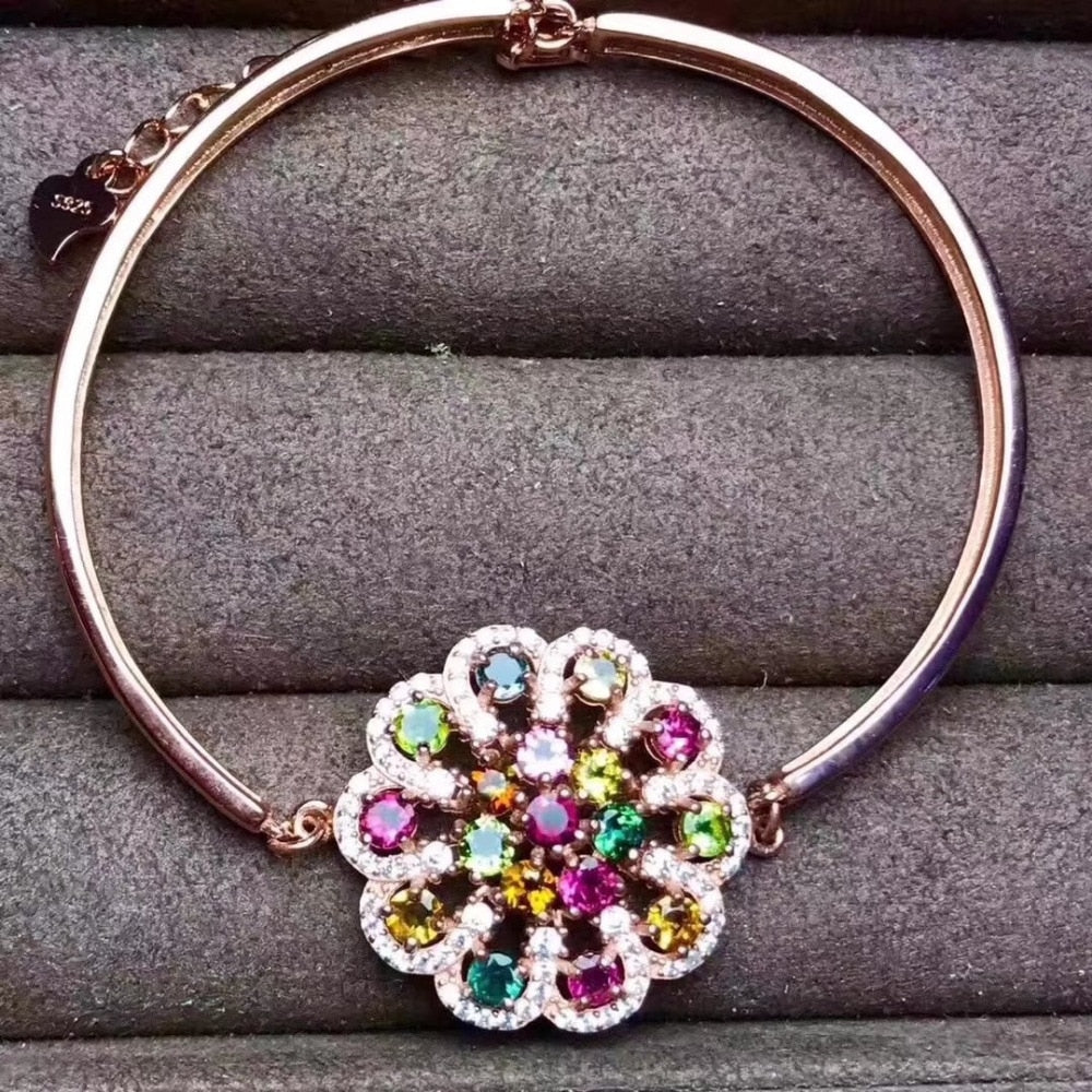 natural Multicolor tourmaline grace Round flower chain Bracelet Natural gemstone bracelet S925 silver women party fine jewelry