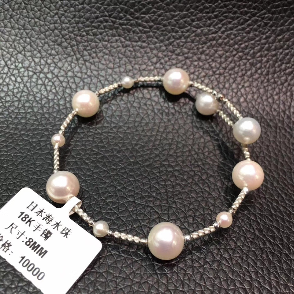 natural akoya pearl bracelet 4-8MM 18K white gold fine women jewelry   classic sea water pearl cuff bracelet
