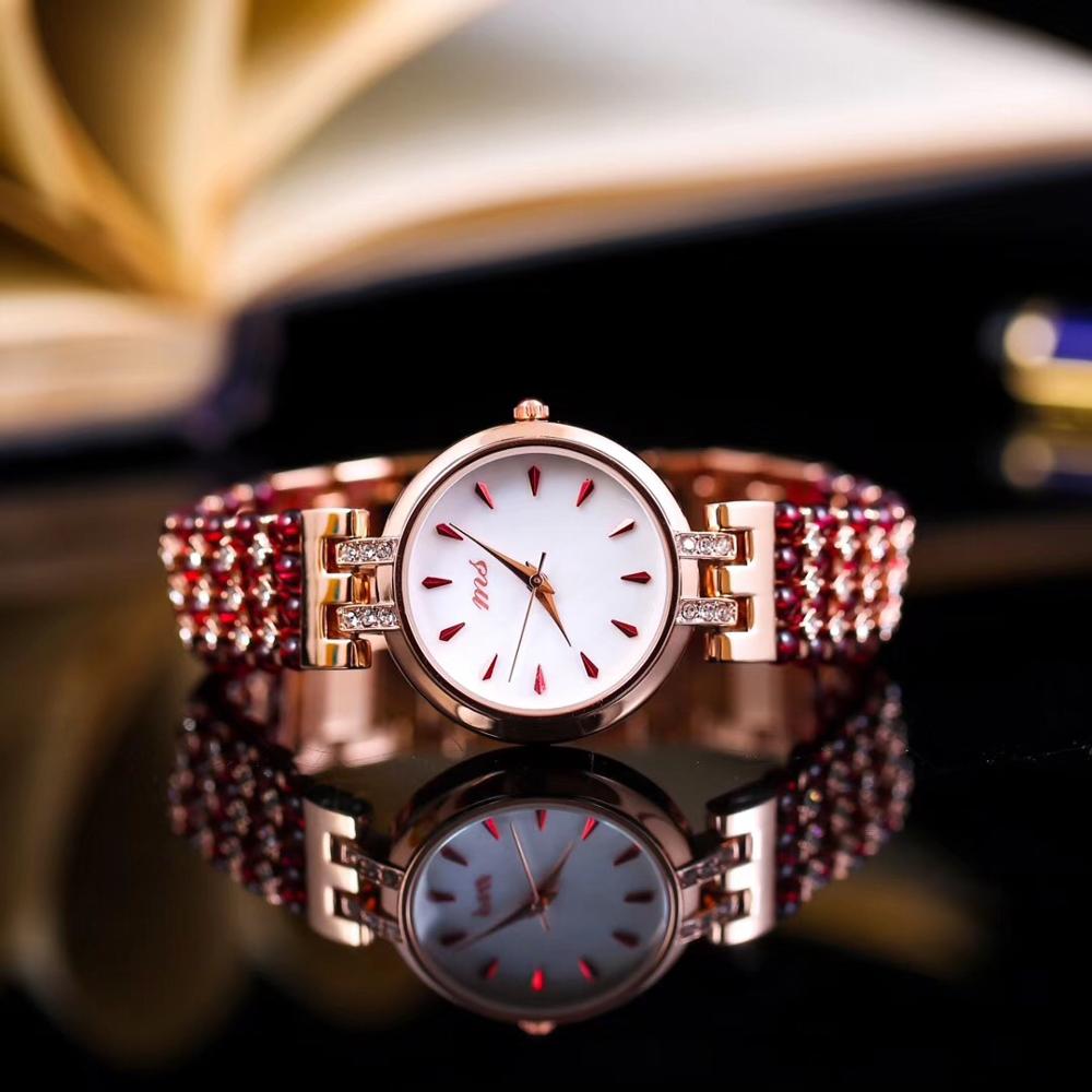 natural garnet stone bracelet & 33mm watch DIY jewelry for woman waterproof watch for summer beach   !