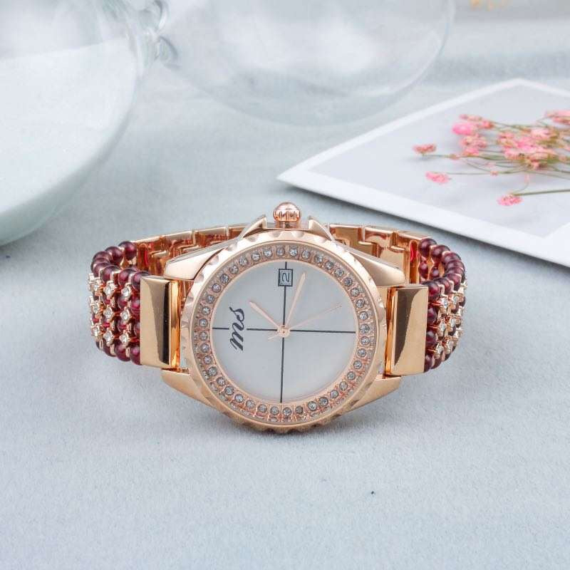 natural garnet stone bracelet & 33mm watch DIY jewelry for woman waterproof watch for summer beach   !