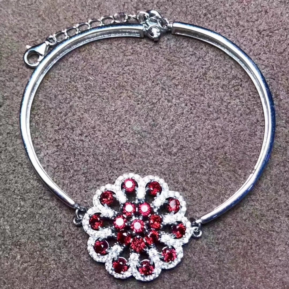 natural red garnet grace Round flower Hydrangea chain Bracelet Natural gemstone bracelet S925 silver women wedding fine jewelry