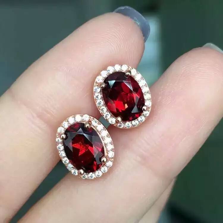 natural red garnet stone earrings 925 silver Natural gemstone earring women elegant fine round Earrings for engagement