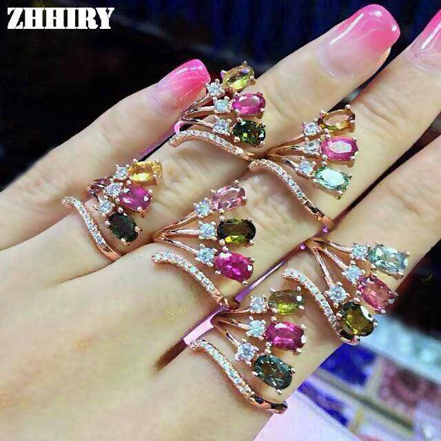 natural tourmaline gem ring genuine solid 925 sterling silver Real gem engagement woman jewelry
