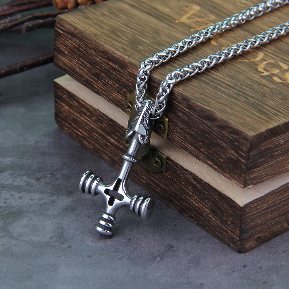 never fade Stainless Steel Nordic Viking wolf Cross necklace with wooden box as gift