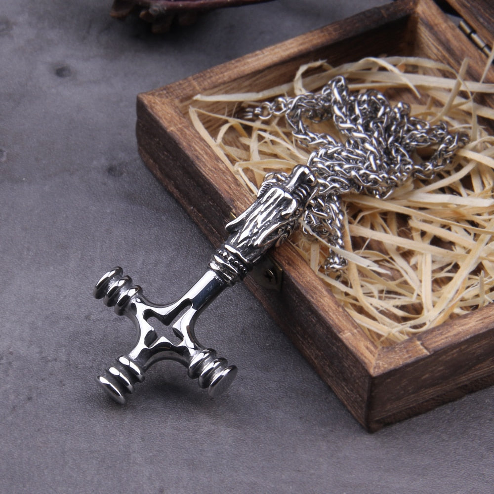 Stainless Steel Wolf Head Mjolnir Viking Necklace with Wooden Box | Shop  Now – OurCoordinates