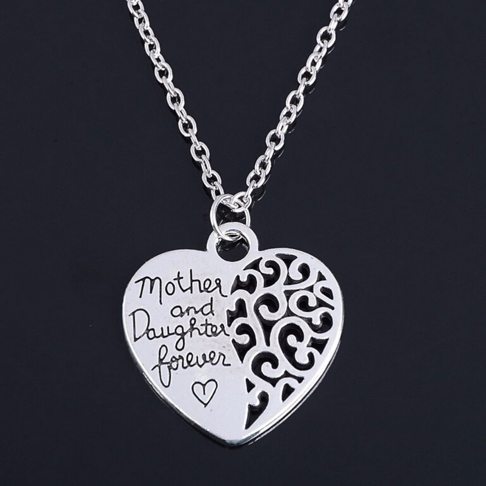 Family-Chain-Jewelry-Women-Alloy-Chain-Necklace-Lady-Silver-Mother-And-Daughter-Forever-Heart-Pendant-Necklace
