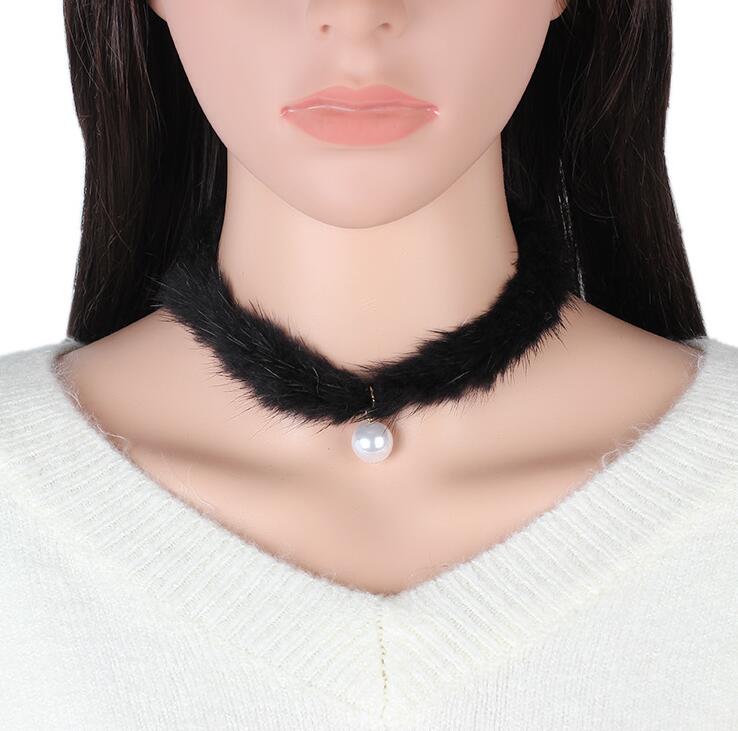 new mink hair black velvet Pearl Choker Necklace for Women Boho Gothic Fur Chokers Neck Collar Maxi Collier costume jewelry Gift