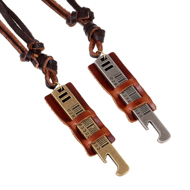 punk style bar code tag brooze brass steel color alloy portable bear opener charms with leather chain pendant necklace men