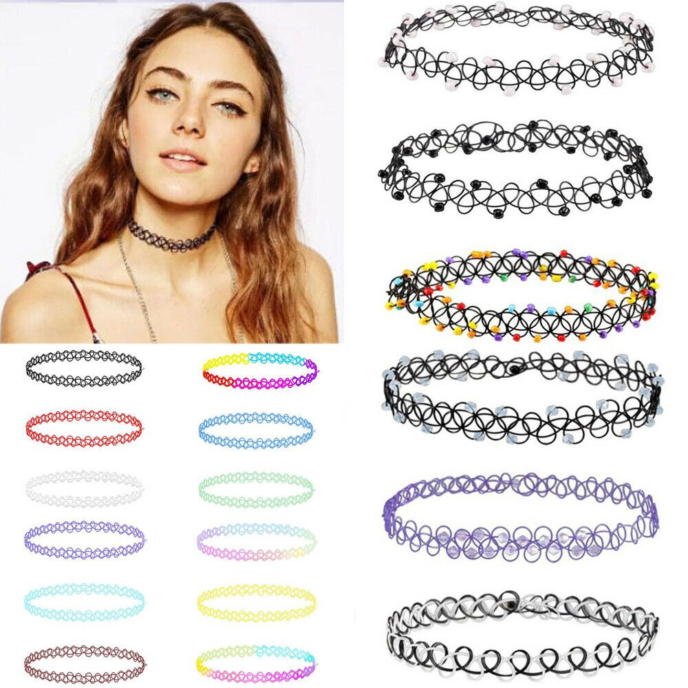 newest  12Pcs/Set Stretch Tattoo Rainbow Necklace Punk Gothic Elastic Choker Retro Punk Tattoo Necklace