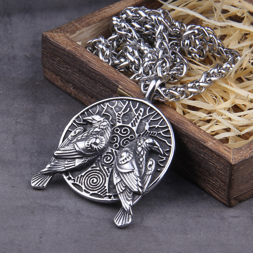 norse talisman Odin's Ravens Two Ravens Huginn and Muninn pendant on the tree of life necklace
