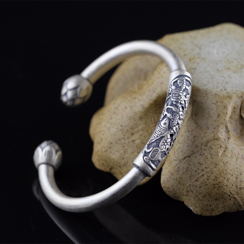 of silver products Inferior smooth fine silver ornaments retro Hot ms lotus opening hollow bracelet Qing lotus