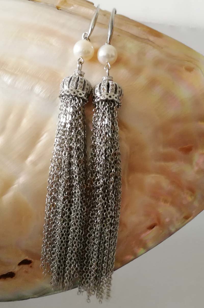 one pair pearl white near round 7-8mm tassel hook earrings   beads nature