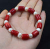 one pcs red coral pillar+ pearl white near round 8-9mm bracelet 7.5inch   beads nature