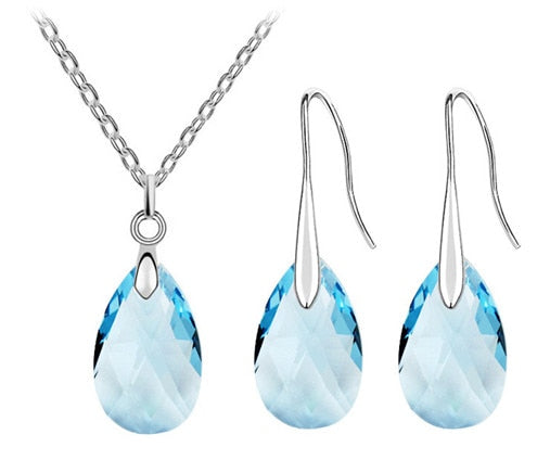party wedding summer beach brand bridal Austrian Crystal tear drop pendant necklace earrings jewelry sets 80335