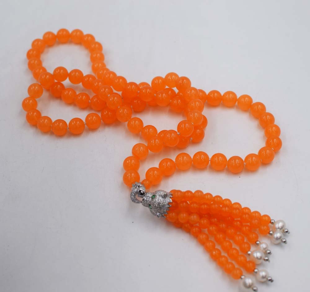 pearl and blue orange light blue color jade round 8mm leopard clasp necklace 35inch   beads nature woman 2020