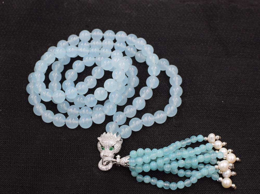 pearl and blue orange light blue color jade round 8mm leopard clasp necklace 35inch   beads nature woman 2020