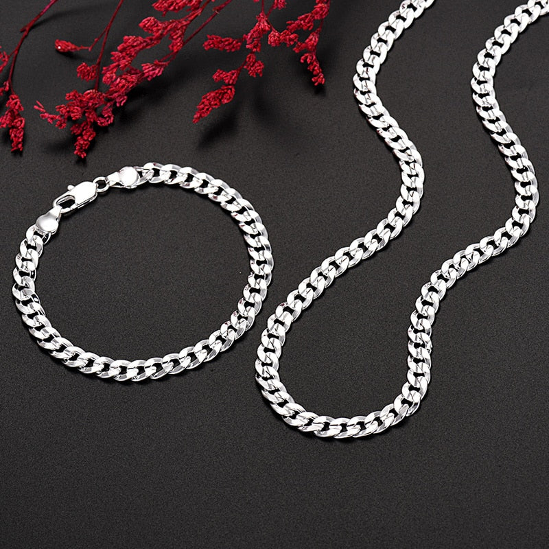 popular brand 925 Sterling silver elegant 7MM Chain bracelets neckalces jewelry set for man women Party wedding gifts