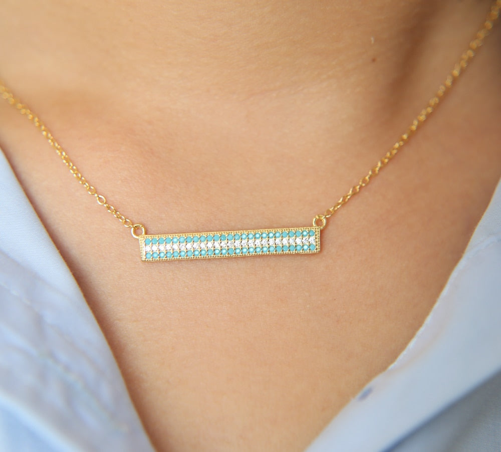 promotion 100% 925 sterling silver turquoises blue clear cz micro pave silver bar women summer necklace choker