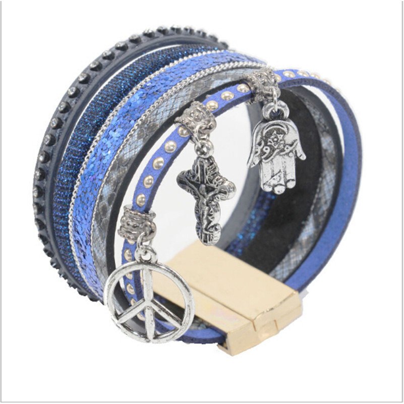 punk bohemia jewelry blue brown leather hamsa cross key peace charms magnet big buckle clasp wrap bracelets & bangles for women