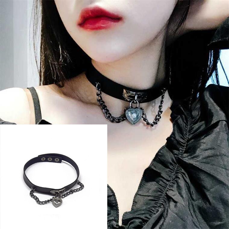 punk hard sister cool metal chain love lock ring peach heart leather lock chain dark girl necklace