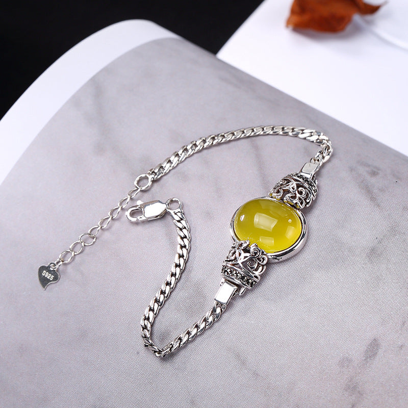 pure silver, topaz, marrow agate, antique, Thai silver, personalized high-end ladies' chain bracelet   agent