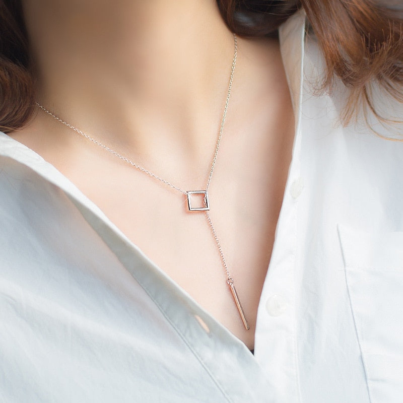 real. 925 Sterling Silver Open sQUARE Circle& Lucky Bar Pendant Y lariat necklace girl's gift Sterling-Silver-jewelry GTLX1208