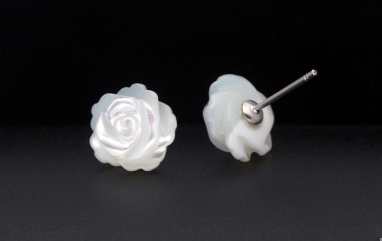 real. 925 Sterling Silver White Natural Shell Carved Rose Flower White Earrings Stud 10MM 8mm GTLE236