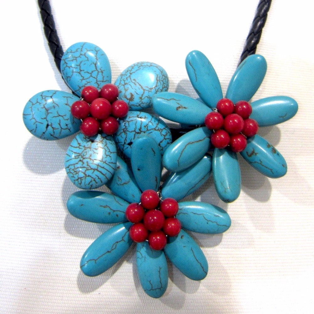 red coral and blue turquoises handmade flower pendant necklace