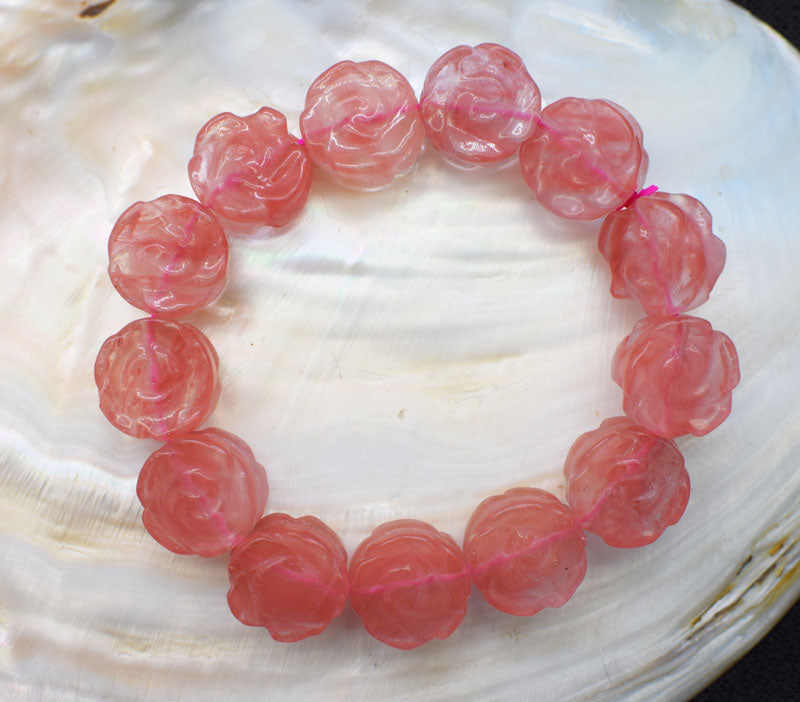 red watermelon carved flower 14mm bracelet 7.5inch   beads nature