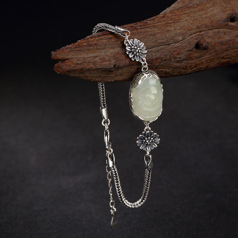 restoring ancient ways is Thai silver inlaid hetian jade white jade bracelet   flower lady high-grade joker