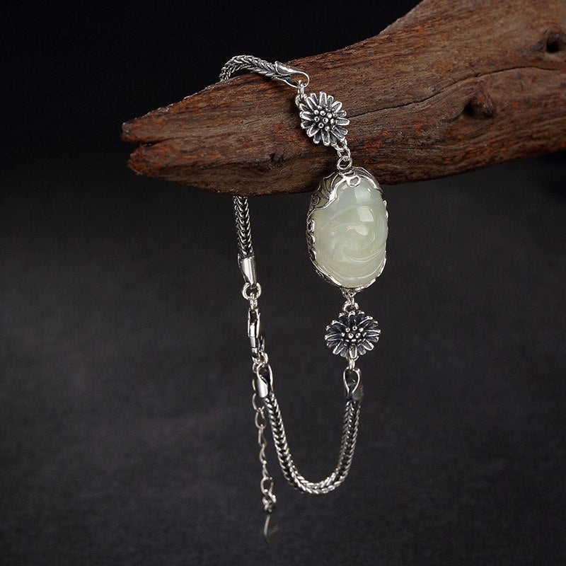 restoring ancient ways is Thai silver inlaid hetian jade white jade bracelet   flower lady high-grade joker