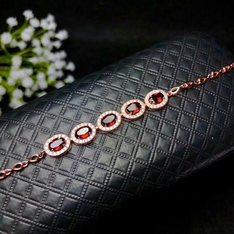925 sterling silver real garnet link bracelets fine jewelry classic women plant gift new party 4*6mm bl040601ags