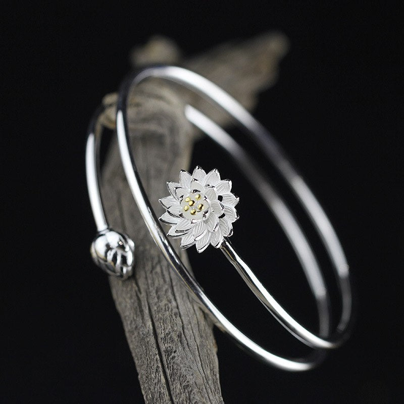 silver Real S925 pure silver handmade little pure and fresh and fashion lady lotus bracelet joker popular clothing