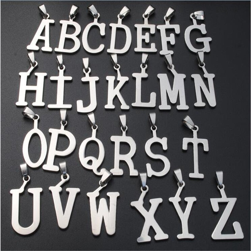 simple stainless steel letter pendant necklaces for men & women long silver color bead chain necklaces pendants fashion jewelry