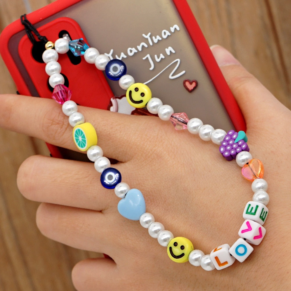 smiley Beaded Anti-lost Phone Charm Chain Fruit Rainbow Soft Ceramic Lanyard Strap Mobile for Girls Phone Choker Keys