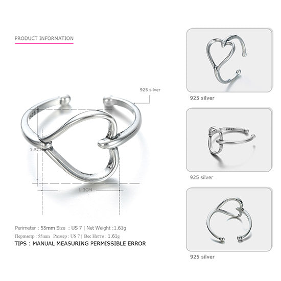 genuine 925 sterling silver Women's Rings heart shape lovely and elegant wedding adjustable rings silver 925 jewelry