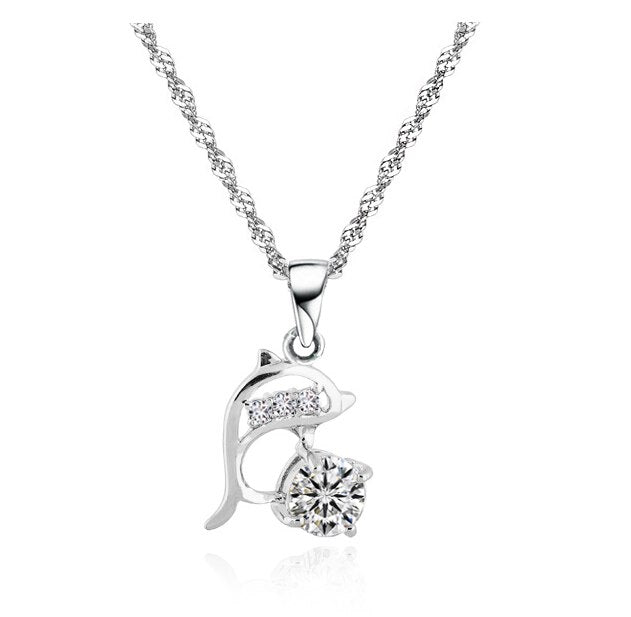 Free shipping quality new women silver plated fashion jewelry dolphin pendant necklace   crystal accessories