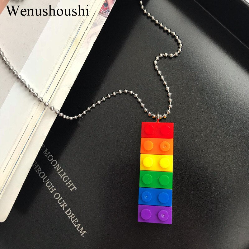 titanium chain Childlike Acrylic rainbow building blocks necklaces women creative novelty toy brick necklace men di129