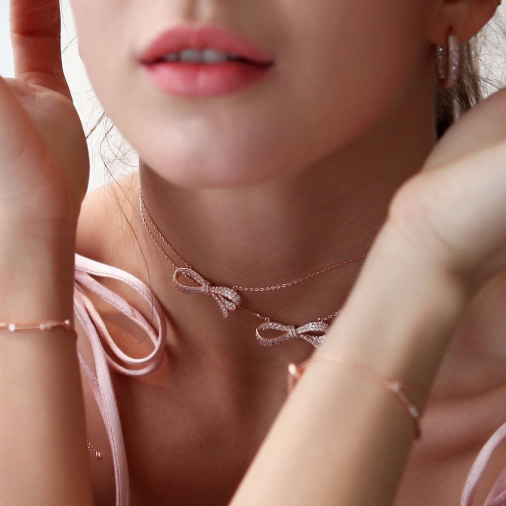 top quality fine 925 sterling silver jewelry clear cz bling bow tie cute lovely girl women gift gold color elegance bow necklace