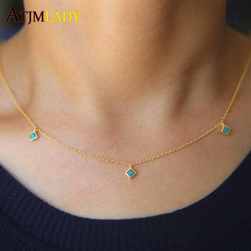 top quality gold silver color 100% 925 sterling silver matal 3mm square turquoises stone drop charm dainty silver necklace