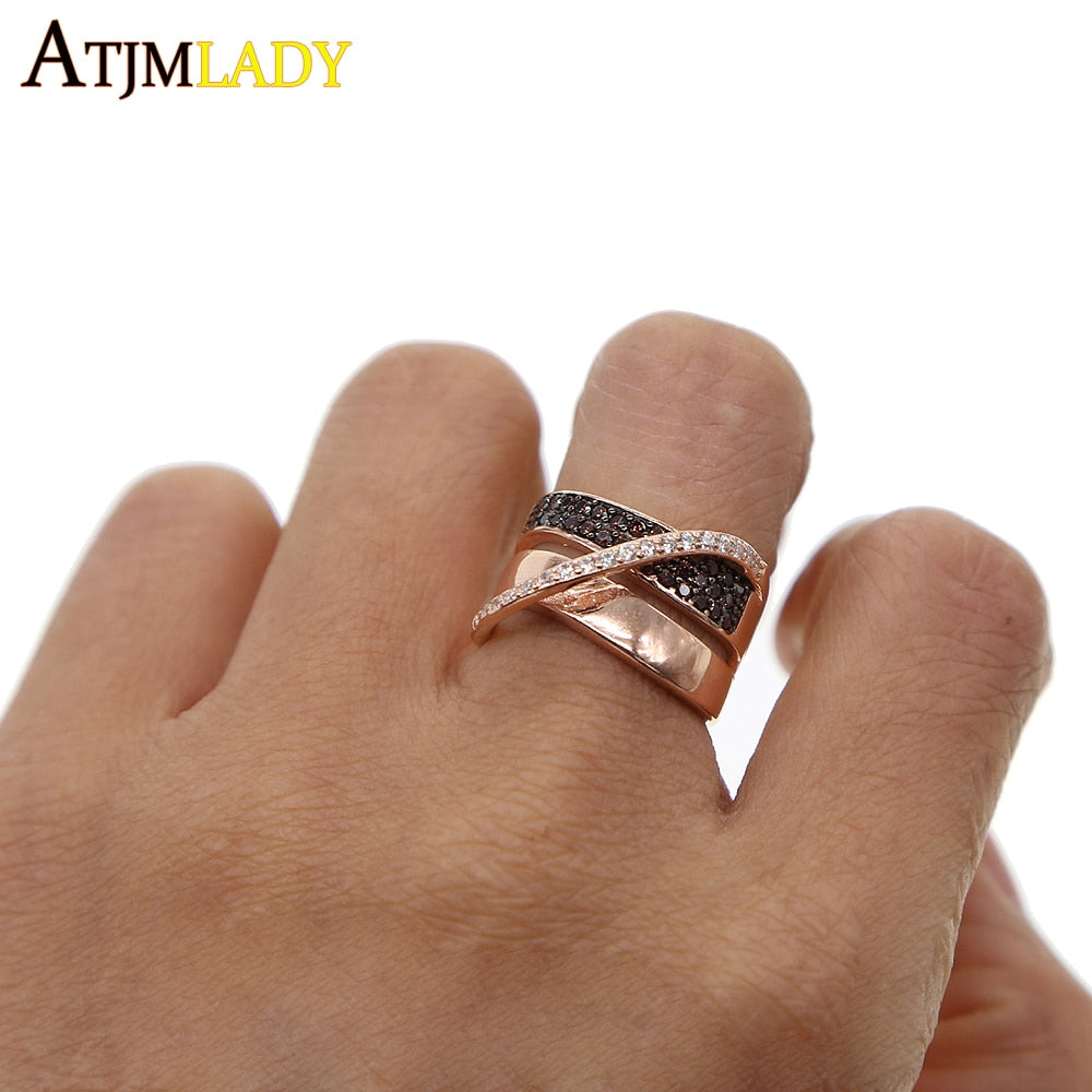 two tone rose gold color coffee cubic zirconia size 6 7 8 925 sterling silver multi wrap women full finger jewelry ring