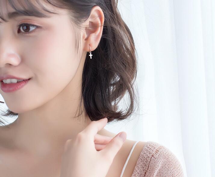 very Tinny Small 5mm CROSS Hoop Huggie earrings dangle 100% Real. Sterling Silver 925 Fine Jewelry gtle2128