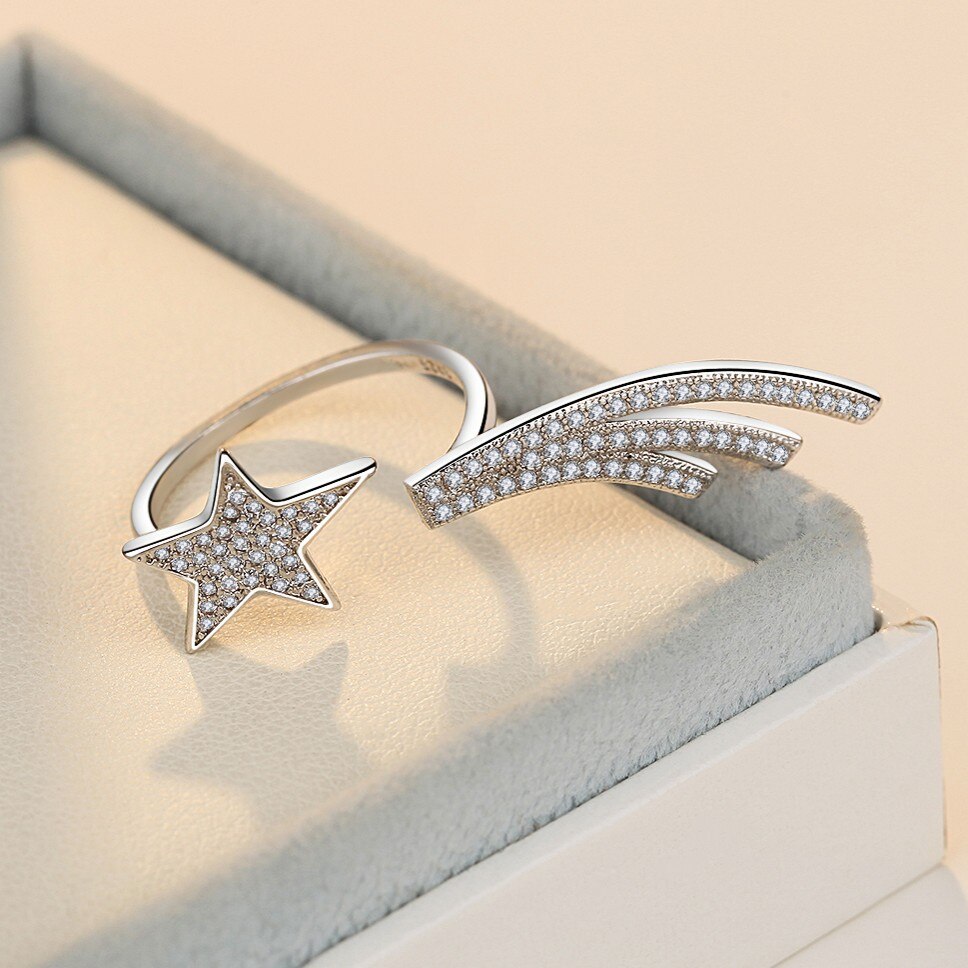 adjustable 925 Sterling Silver color  Crystal Star Rings for women jewelry wedding party gifts